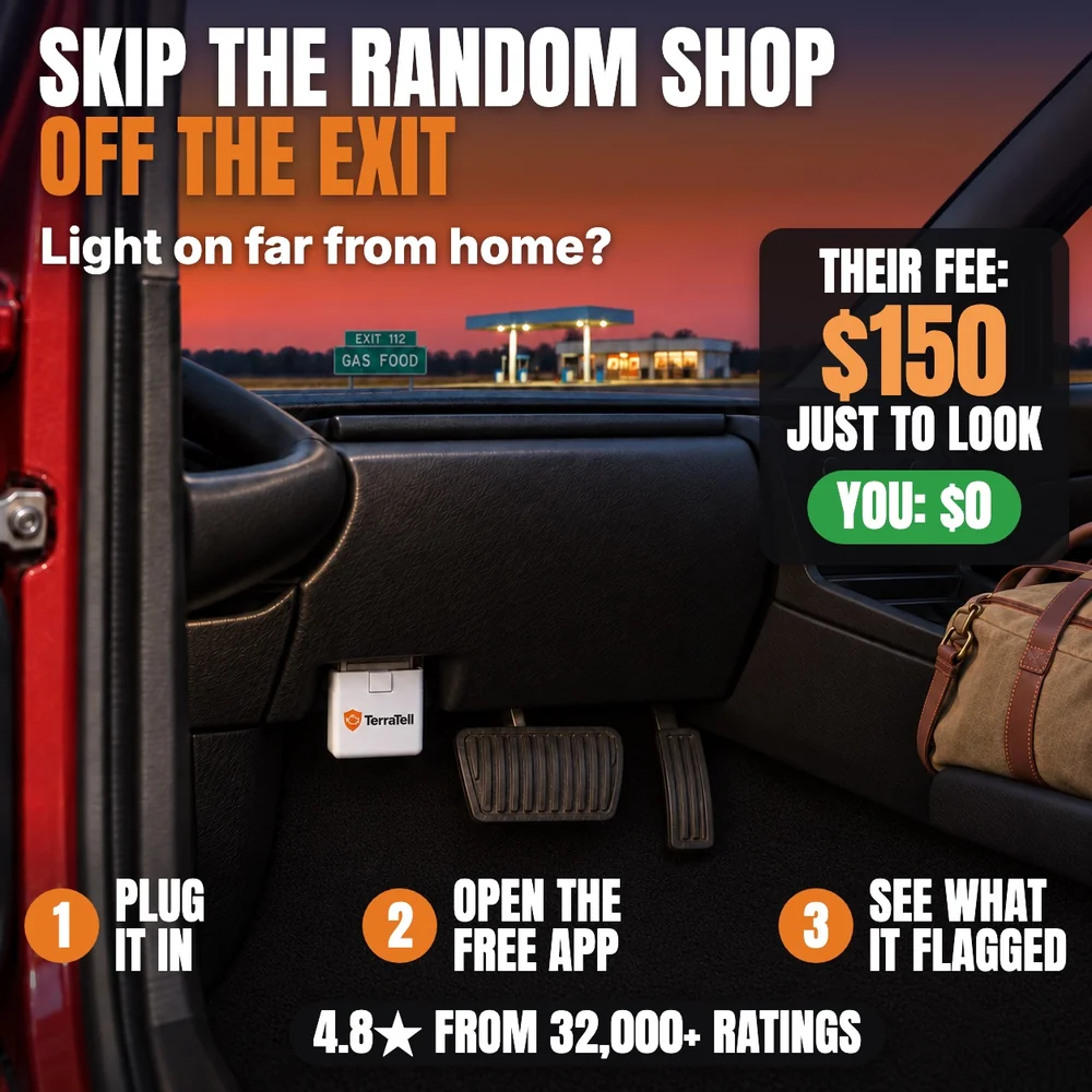 Skip the random shop off the exit. Light on far from home? Through an open car door at dusk, TerraTell sits in the socket by the pedals, a gas station off the exit ahead. Their fee: $150 just to look. You: $0. 1 Plug it in. 2 Open the free app. 3 See what it flagged. 4.8 stars from 32,000+ ratings.