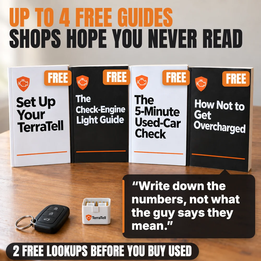 Up to 4 free guides shops hope you never read: Set Up Your TerraTell, The Check-Engine Light Guide, The 5-Minute Used-Car Check and How Not to Get Overcharged, standing on a kitchen table beside a key fob and TerraTell. Write down the numbers, not what the guy says they mean. 2 free lookups before you buy used.