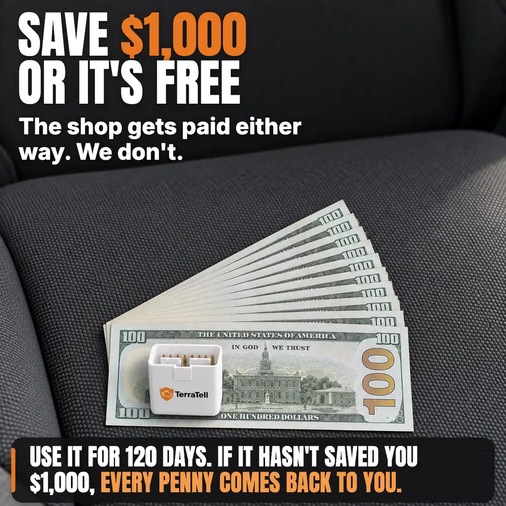 Save $1,000 or it's free. The shop gets paid either way. We don't. Ten $100 bills on a car seat with TerraTell on top. Use it for 120 days. If it hasn't saved you $1,000, every penny comes back to you.