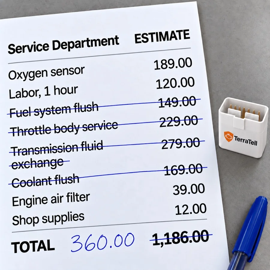 A shop estimate with four add-ons struck through in pen (fuel system flush, throttle body service, transmission fluid exchange, coolant flush) and the total cut from $1,186 to $360, TerraTell beside it.
