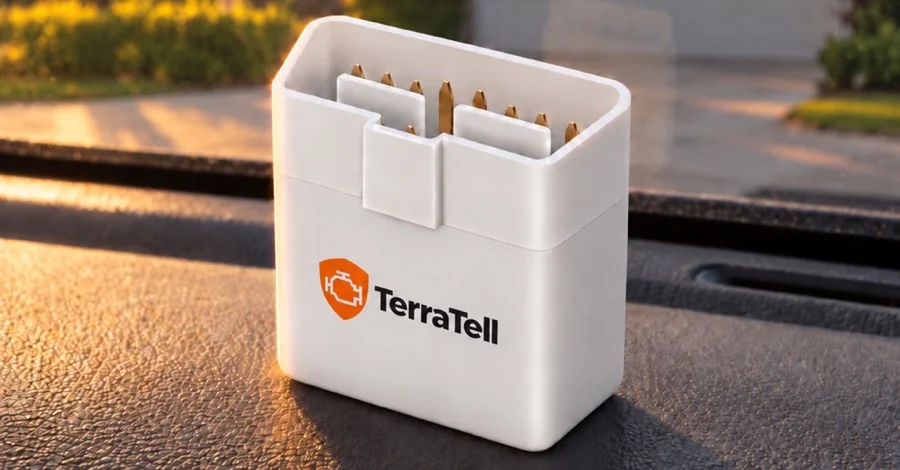 TerraTell on a car dashboard in evening sun.