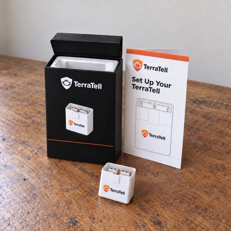 What arrives: the black TerraTell box open on a wooden table, the white TerraTell plug in front, and the setup card standing beside the box.