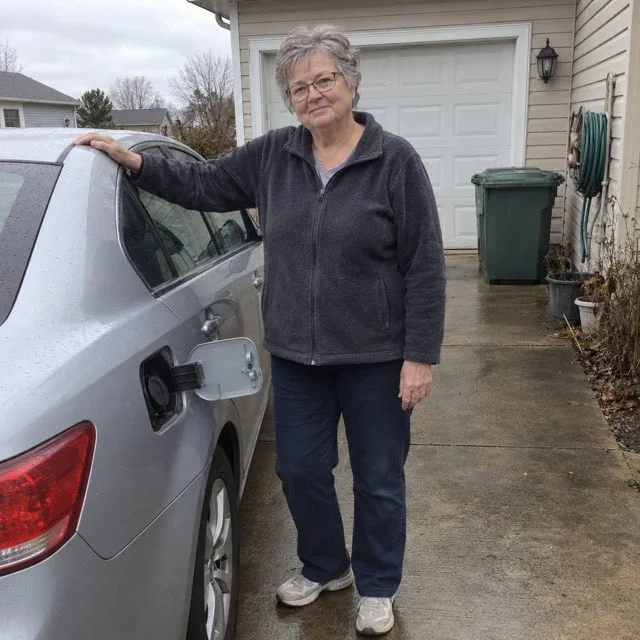 Linda M. beside her car in the driveway