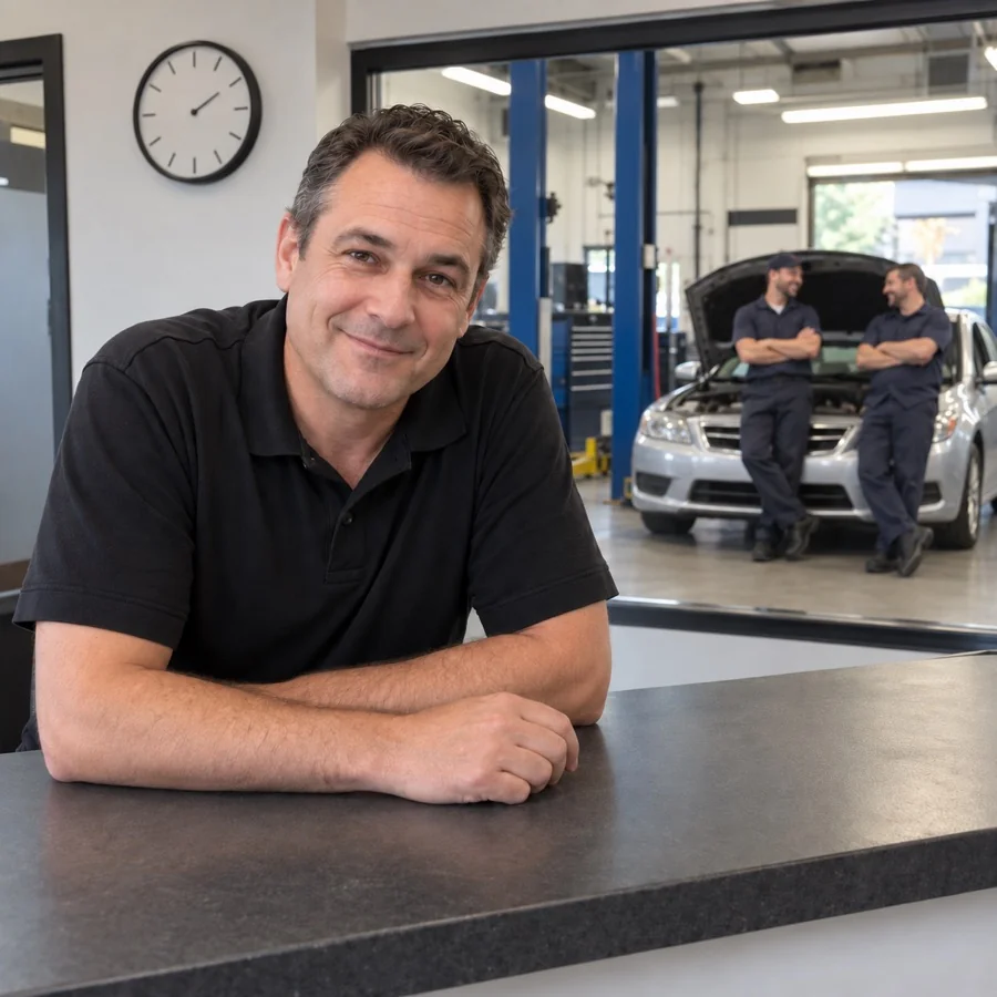 Across the service counter, the advisor smiles, while behind him two mechanics stand by a car with its hood up, arms crossed, smiling.