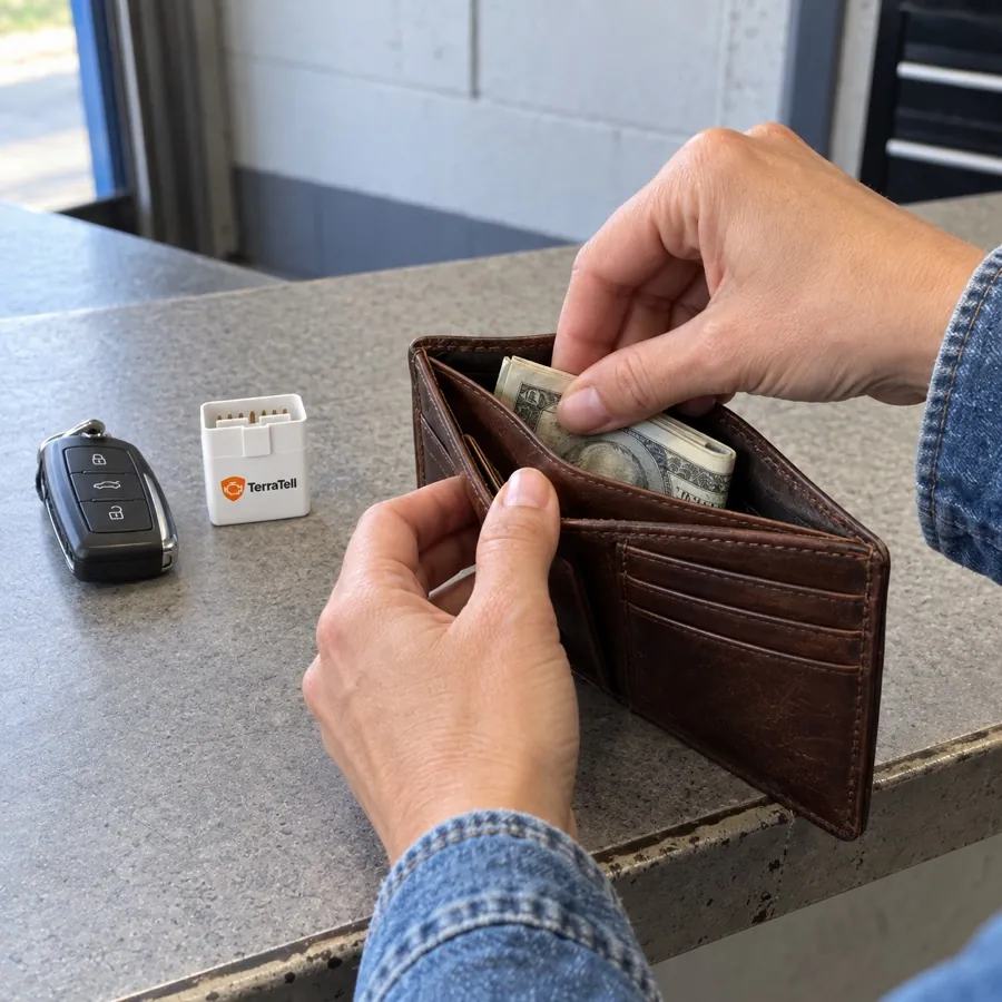 At a repair shop counter, her hands slide the cash back into her wallet, TerraTell beside the car key.