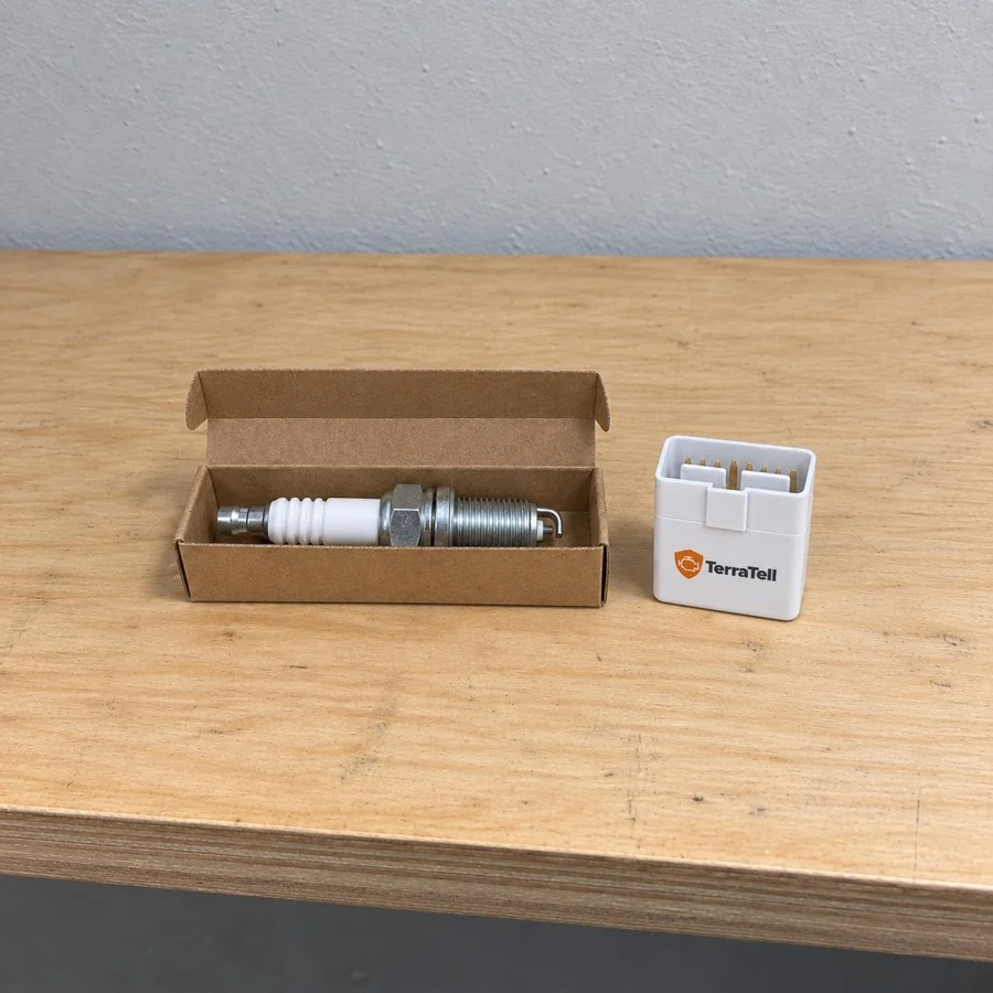 A new spark plug in its small cardboard box beside TerraTell on a garage shelf.