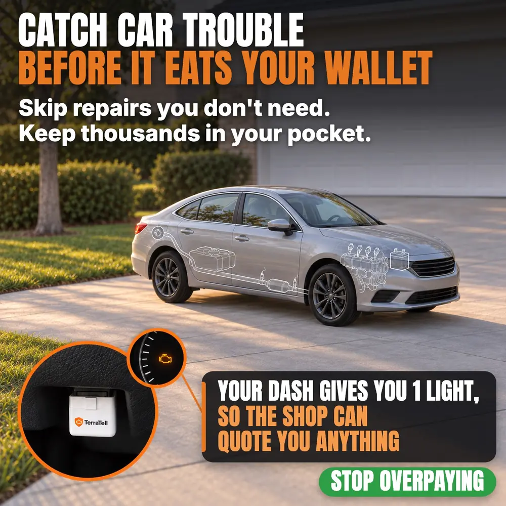 Catch car trouble before it eats your wallet. Skip repairs you don't need. Keep thousands in your pocket. Your dash gives you 1 light, so the shop can quote you anything. Stop overpaying. TerraTell plugged in under the dash, in the round inset.