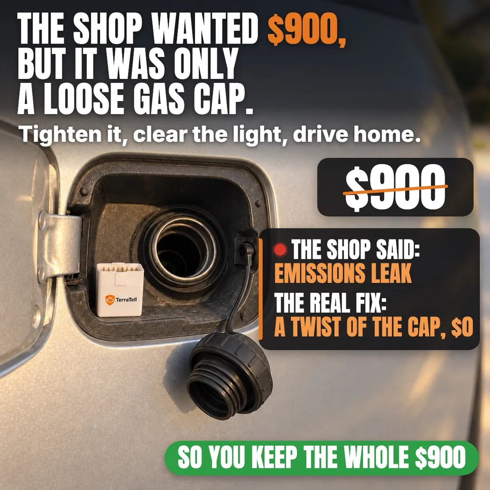 TerraTell by an open fuel door, the gas cap loose. The shop wanted $900, but it was only a loose gas cap. Tighten it, clear the light, drive home. The shop said: emissions leak. The real fix: a twist of the cap, $0, so you keep the whole $900.