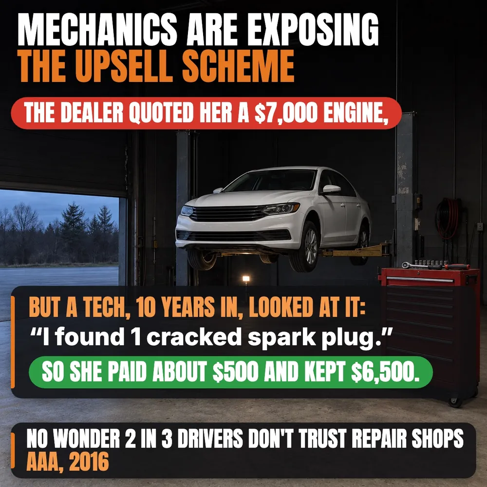 An empty repair bay after hours. Mechanics are exposing the upsell scheme. The dealer quoted her a $7,000 engine, but a tech, 10 years in, looked at it: "I found 1 cracked spark plug." So she paid about $500 and kept $6,500. No wonder 2 in 3 drivers don't trust repair shops (AAA, 2016).