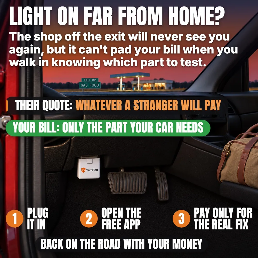 Dusk at a highway exit, TerraTell plugged in by the pedals. Light on far from home? The shop off the exit will never see you again, but it can't pad your bill when you walk in knowing which part to test. Their quote: whatever a stranger will pay. Your bill: only the part your car needs. 1 plug it in, 2 open the free app, 3 pay only for the real fix. Back on the road with your money.