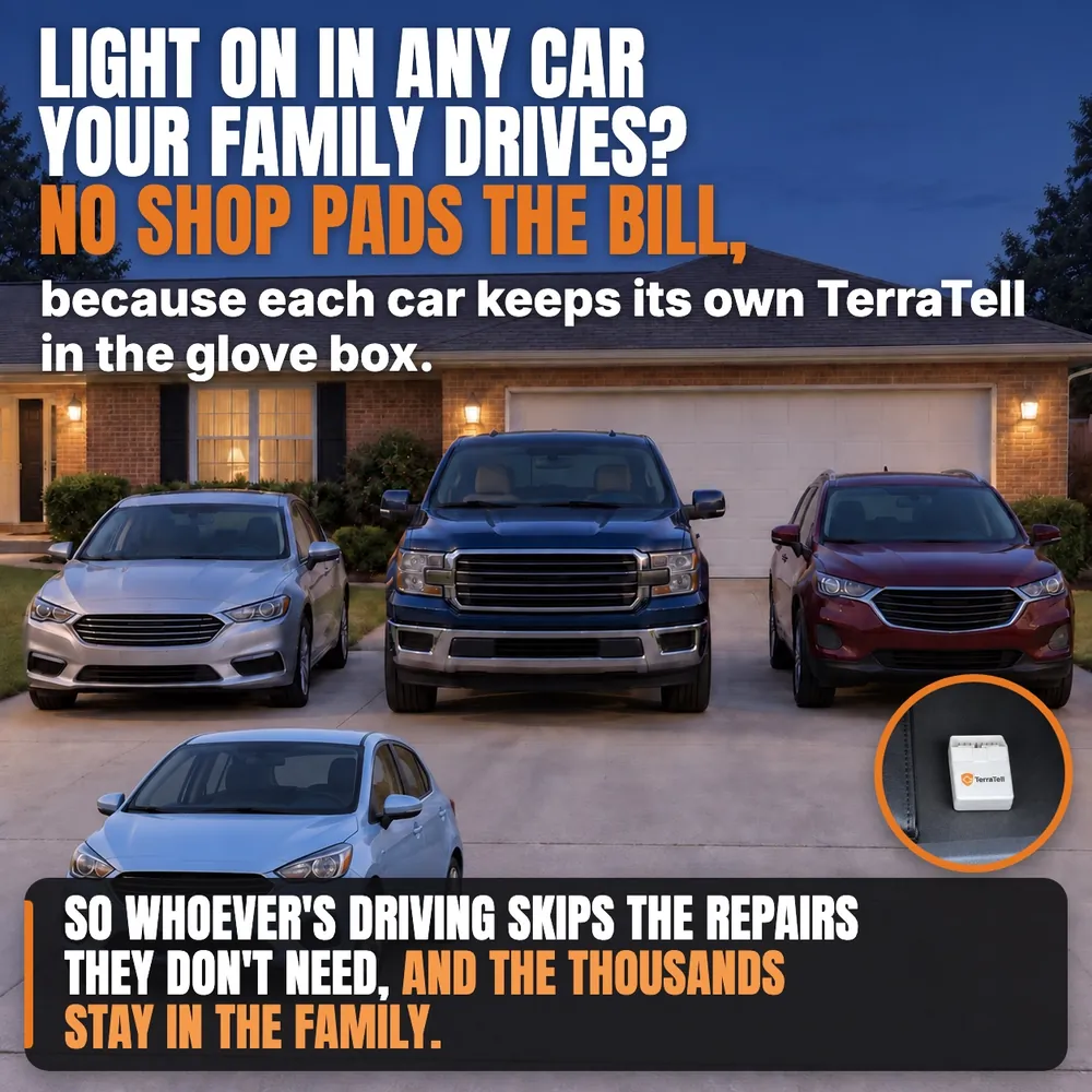 A sedan, a pickup, an SUV and a small hatchback in a driveway, TerraTell in an open glove box. Light on in any car your family drives? No shop pads the bill, because each car keeps its own TerraTell in the glove box, so whoever's driving skips the repairs they don't need, and the thousands stay in the family.