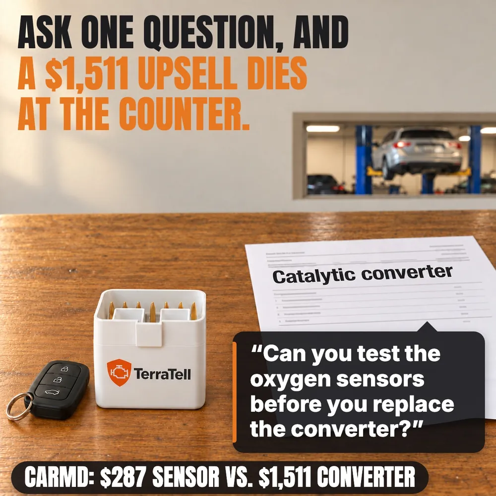 TerraTell and a key fob on a shop's service counter, in front of an estimate for a catalytic converter. Ask one question, and a $1,511 upsell dies at the counter: "Can you test the oxygen sensors before you replace the converter?" CarMD: $287 sensor vs. $1,511 converter.