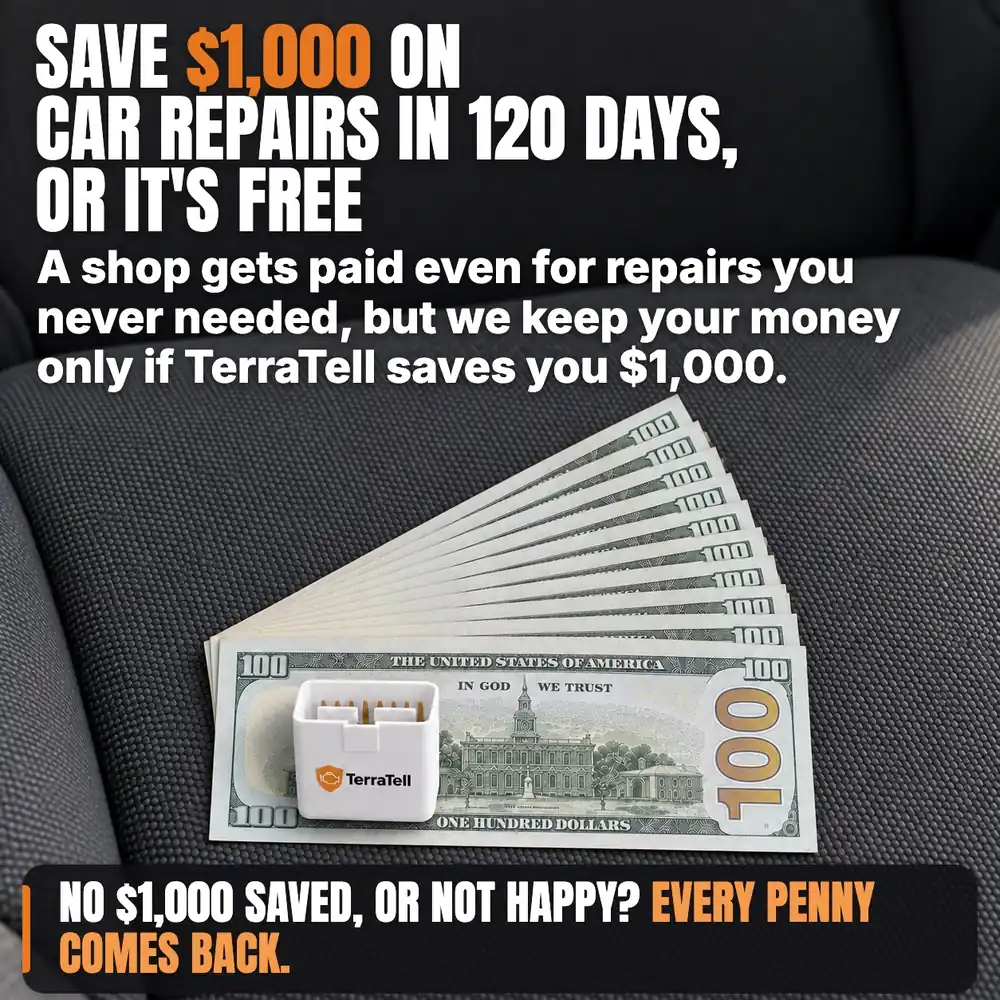Ten $100 bills on a car seat, TerraTell on top. Save $1,000 on car repairs in 120 days, or it's free. A shop gets paid even for repairs you never needed, but we keep your money only if TerraTell saves you $1,000. No $1,000 saved, or not happy? Every penny comes back.