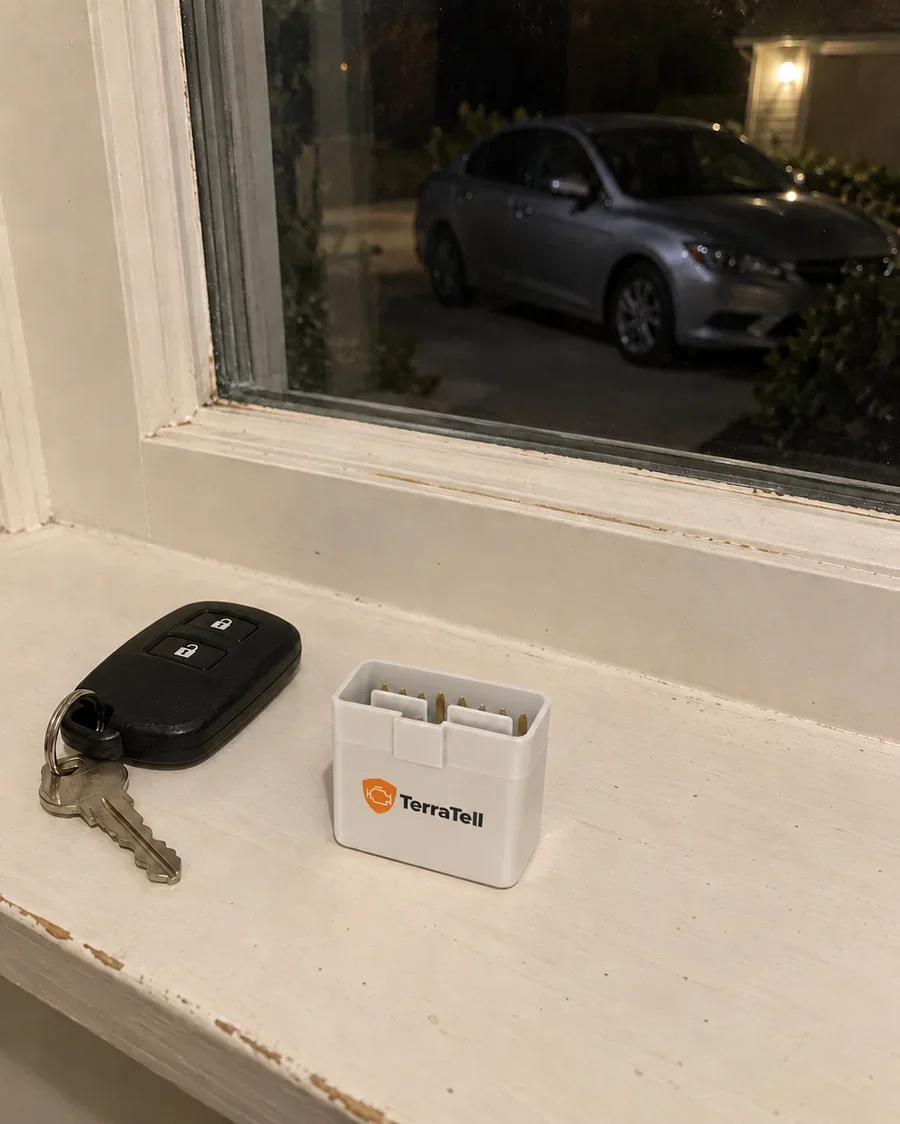 Her hallway windowsill at night: the small white TerraTell beside her car keys, her silver car in the driveway through the window.