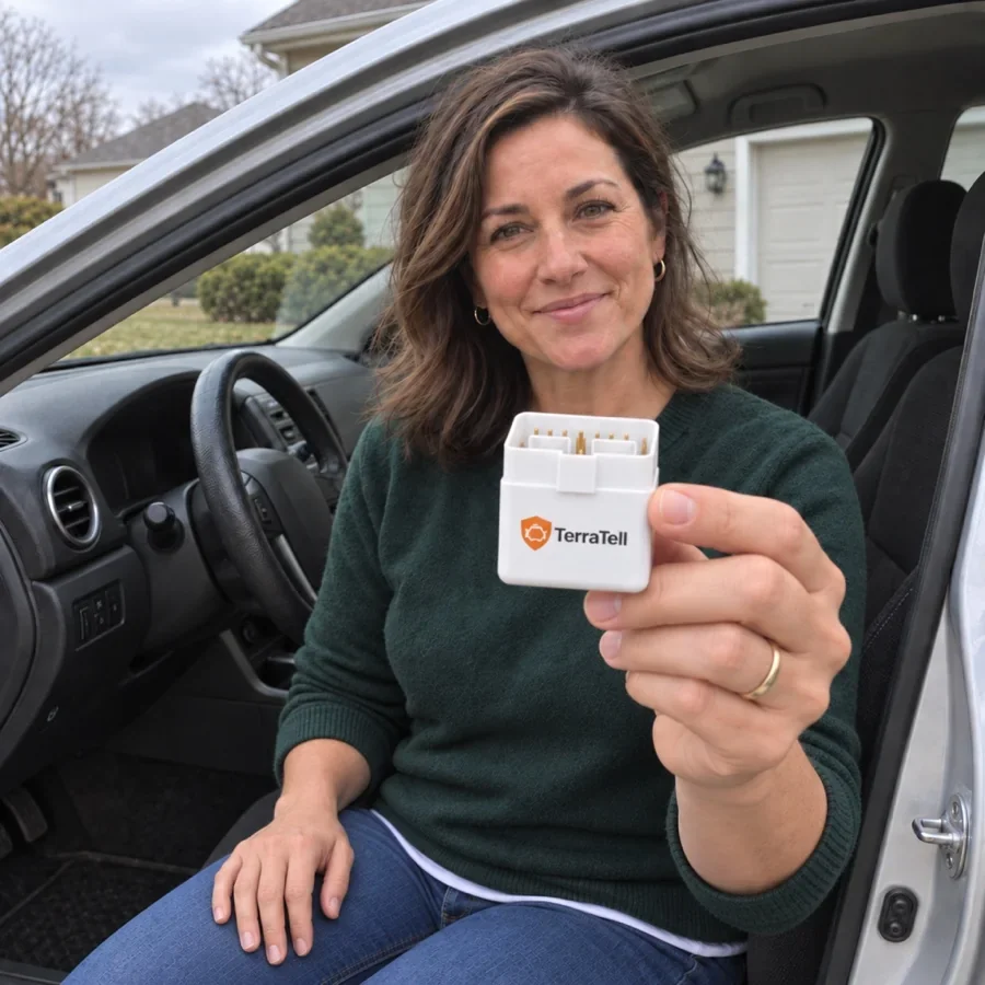 In her driveway, a smiling woman in a dark green sweater sits in the driver's seat of her silver car with the door open and holds up the small white TerraTell, its orange shield logo facing out.
