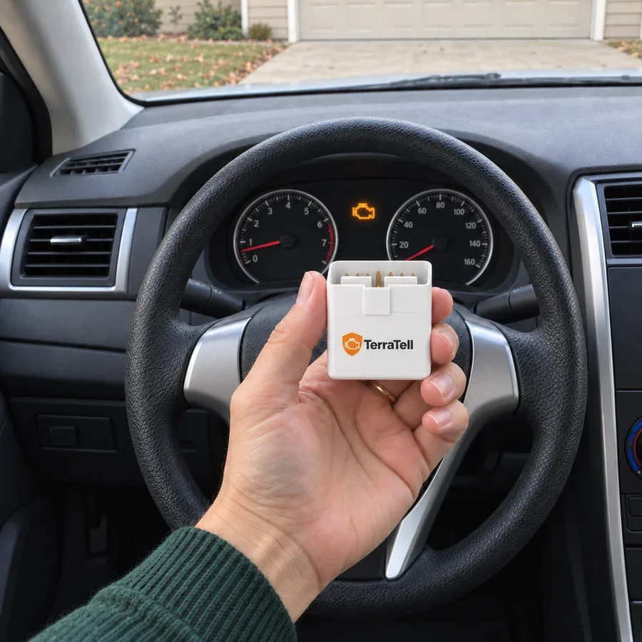From the driver's seat, a hand holds the small white TerraTell up in front of the steering wheel, its orange shield logo facing out, while the orange check-engine light glows on the dash behind it.