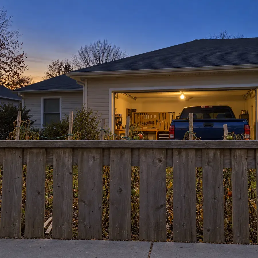 At dusk, over a low wooden fence with tomato stakes, the neighbor's open garage lit by a bare bulb: a workbench, tools on a pegboard and the back of a pickup.