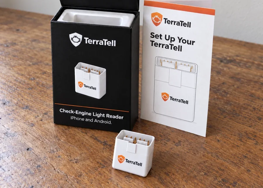 What comes in the order: the TerraTell box, the setup card and the small white TerraTell reader, on a wooden table.