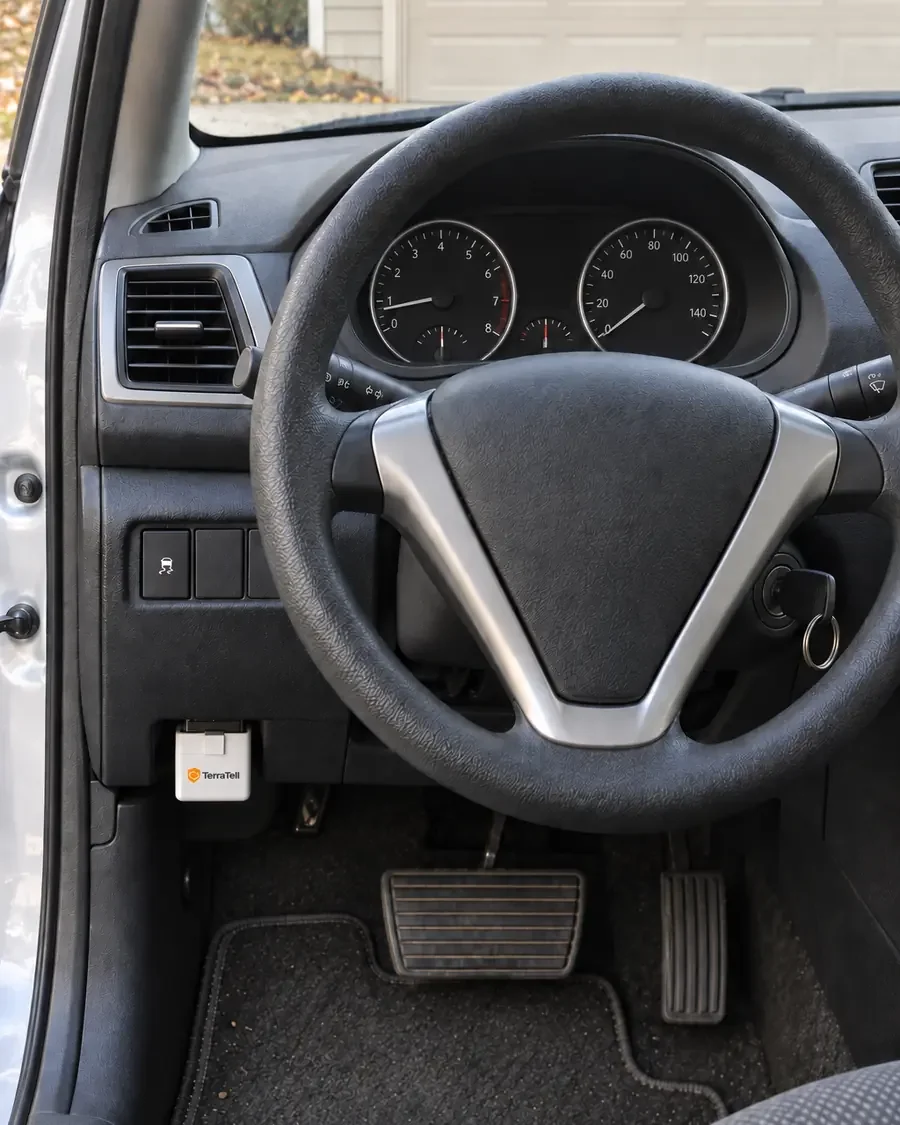 The same dash after the fix: TerraTell still plugged in, and the check-engine light is off.