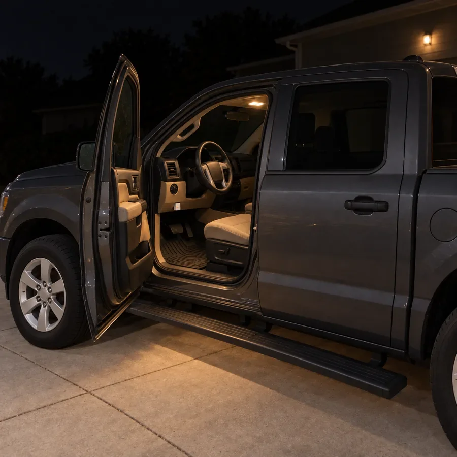 At night in the driveway, Dave's dark grey pickup with the driver's door open and the dome light on, the small white TerraTell plugged in under the dash.