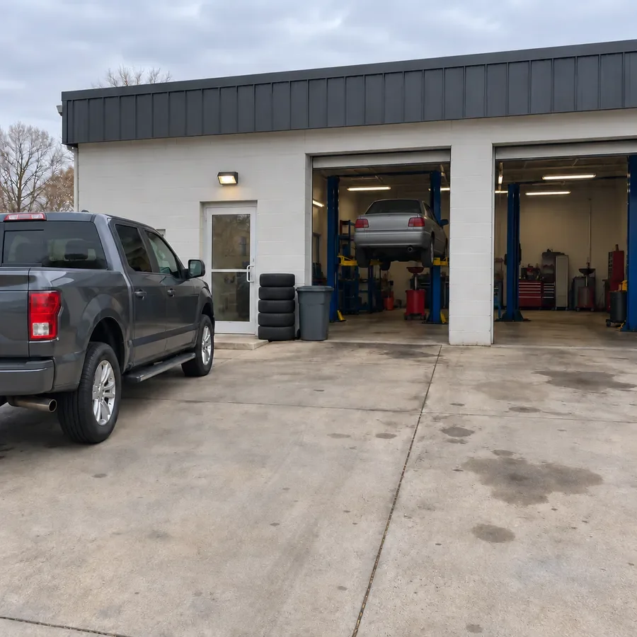 Dave's dark grey pickup parked outside a small repair shop across town, a car up on a lift in one of its open bays.