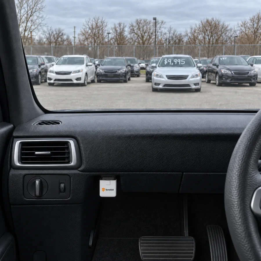 Seen from the driver's seat of a used SUV on a car lot: TerraTell plugged in under the dash, and priced used cars through the windshield, the nearest marked $9,995.