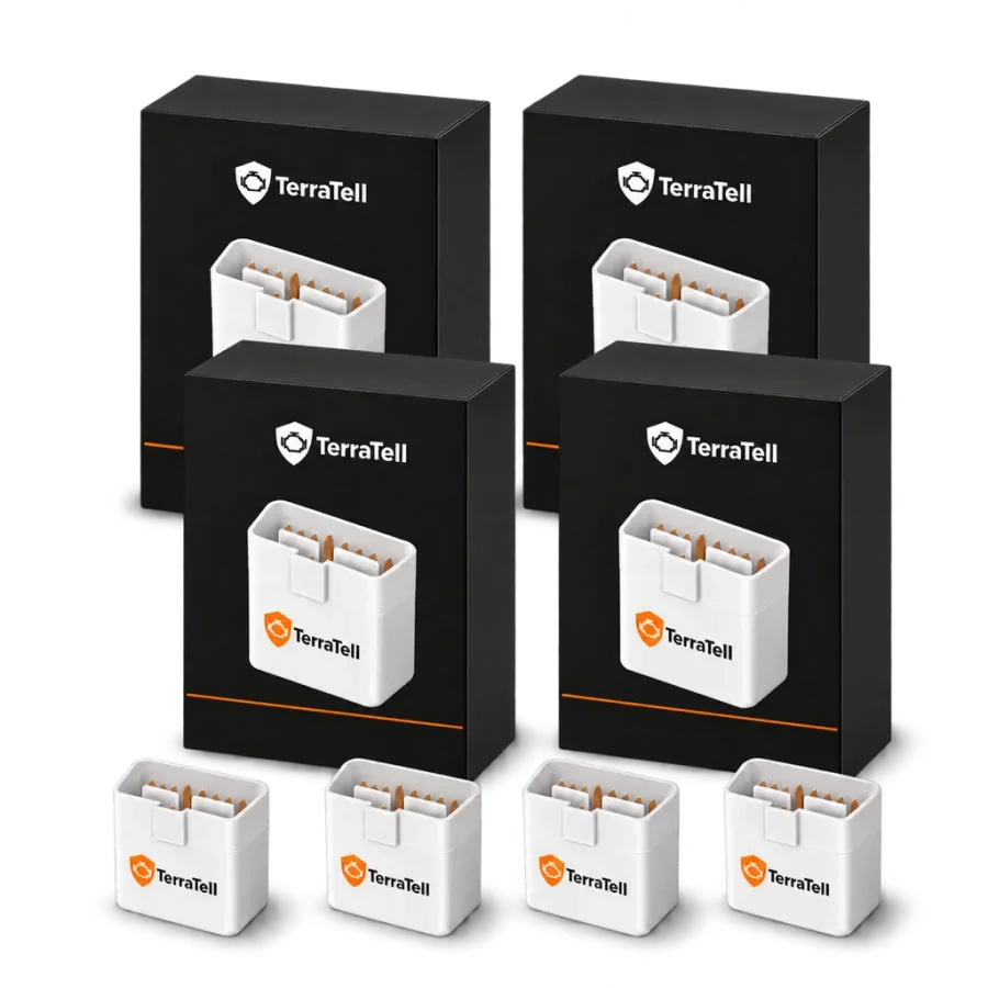 The Family Pack: four small white TerraTells in front of their four black TerraTell boxes.