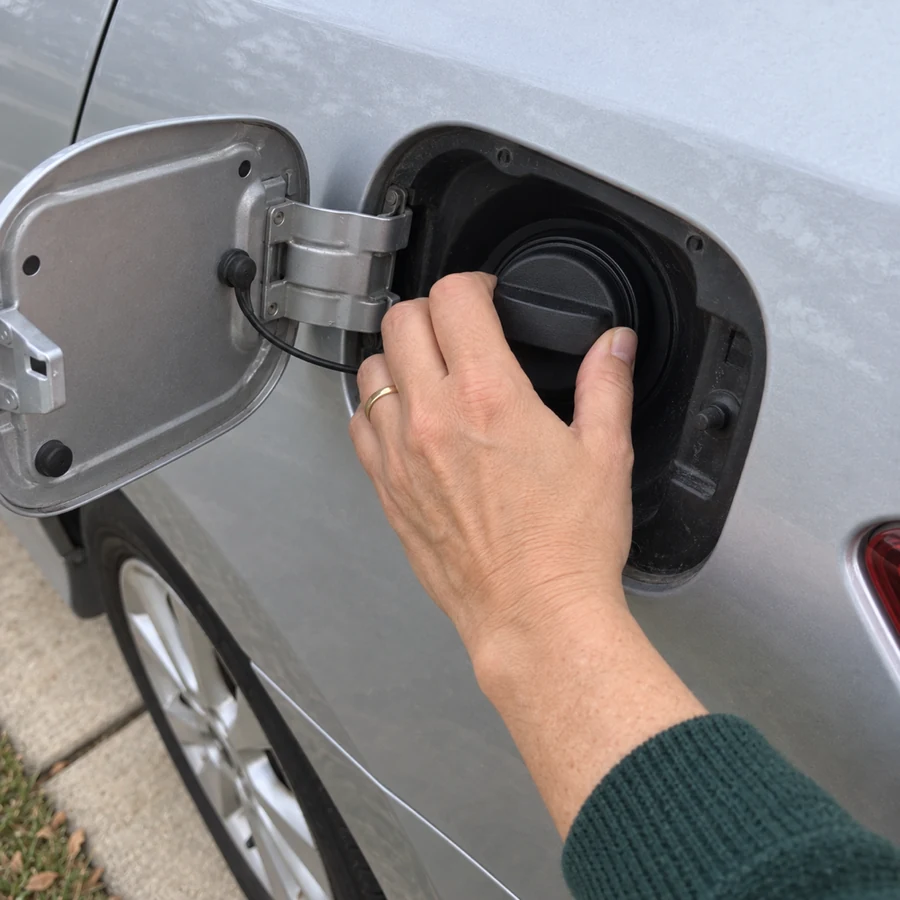 Her hand twists the gas cap on her silver Camry until it clicks, the fuel door open in her driveway.