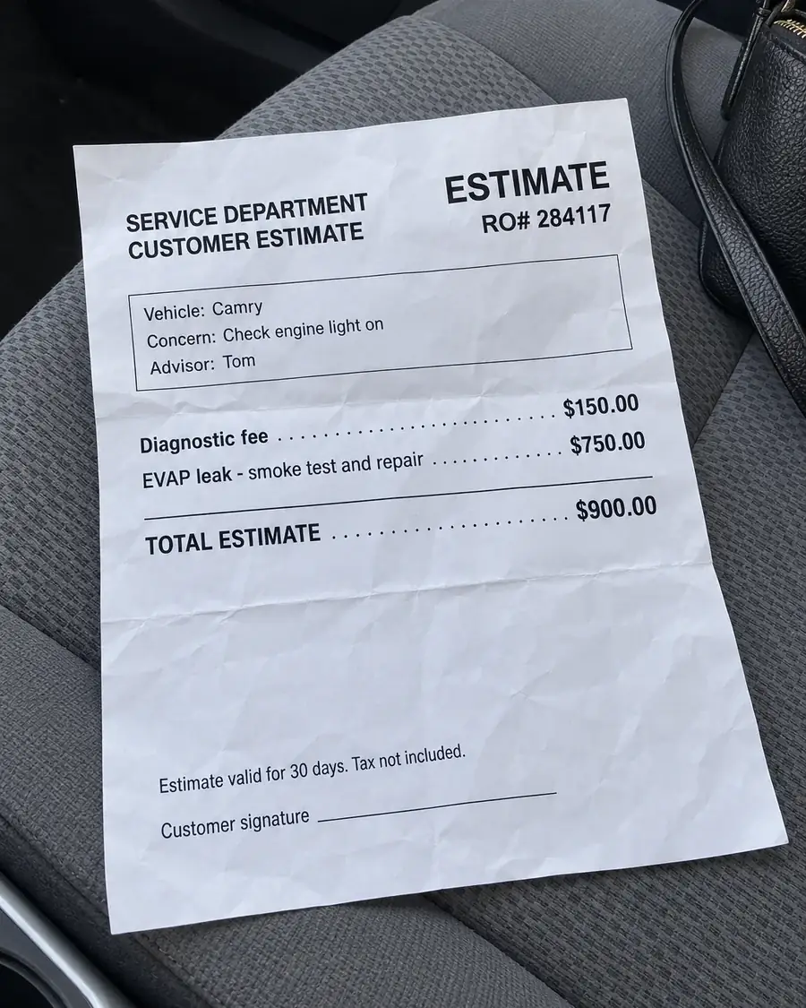 The printed $900 dealer estimate on her passenger seat, with its $150.00 diagnostic fee line.