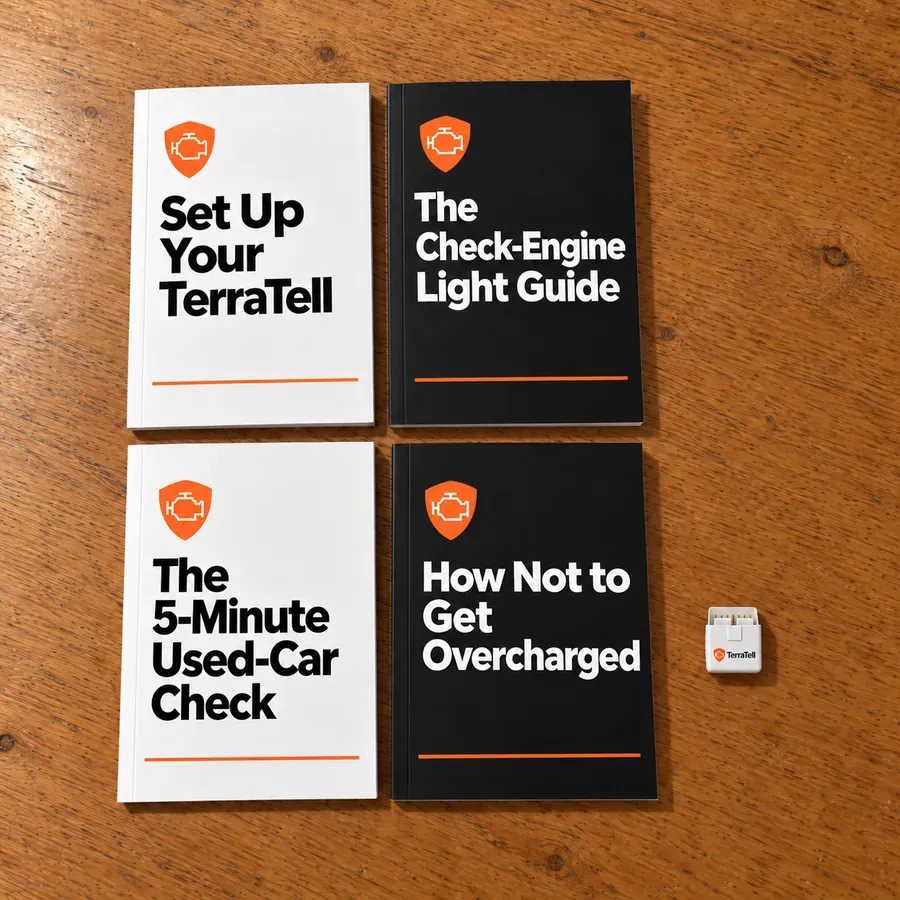 The four guides laid out on a wooden kitchen table: Set Up Your TerraTell, The Check-Engine Light Guide, The 5-Minute Used-Car Check and How Not to Get Overcharged, with the small white TerraTell beside them.