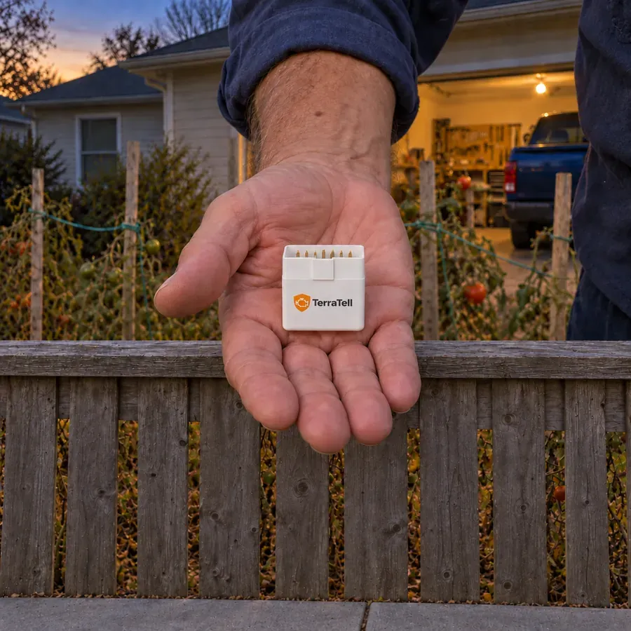 At dusk, over the low wooden fence with its tomato stakes, Sergio holds the small white TerraTell out on his open palm, his lit garage behind him.