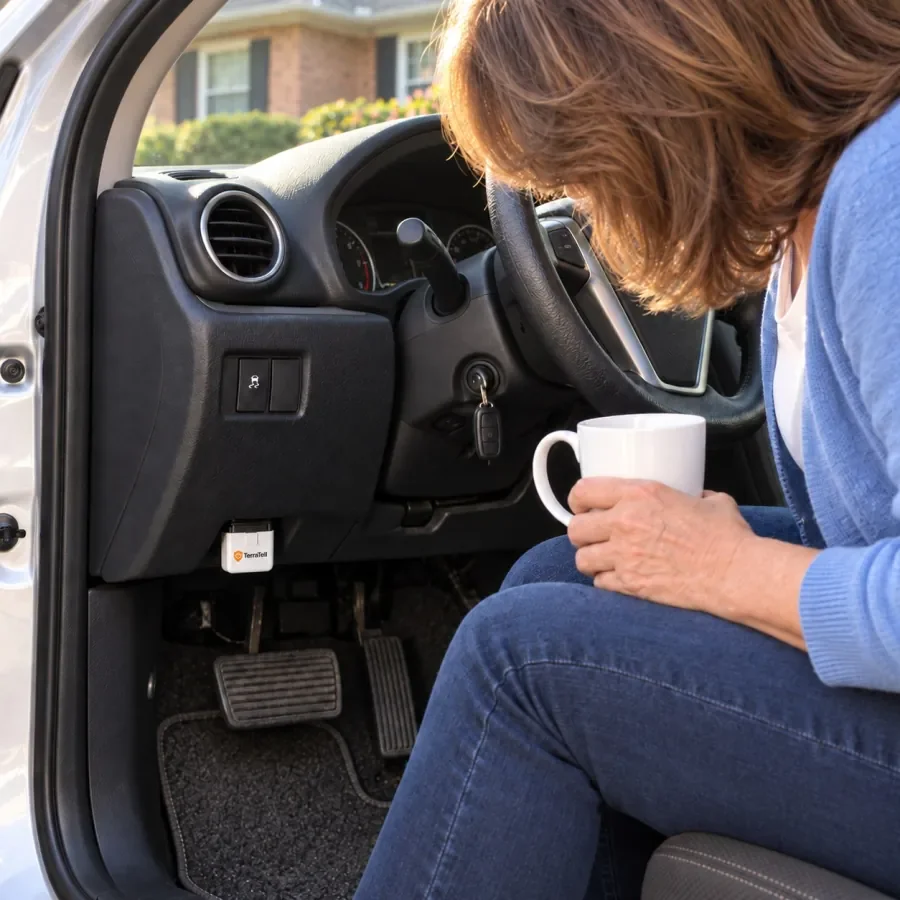 Step 2: a woman sits in the open driver's door of her silver car, the key in the ignition, TerraTell plugged in under the dash by her knee.