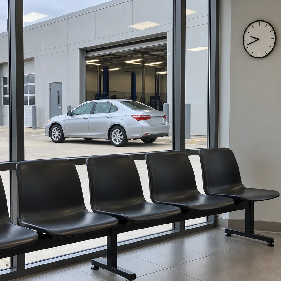 From a plastic chair in the dealer waiting room: through the glass wall, her silver car already parked back outside the service bay, a row of empty chairs and a wall clock.