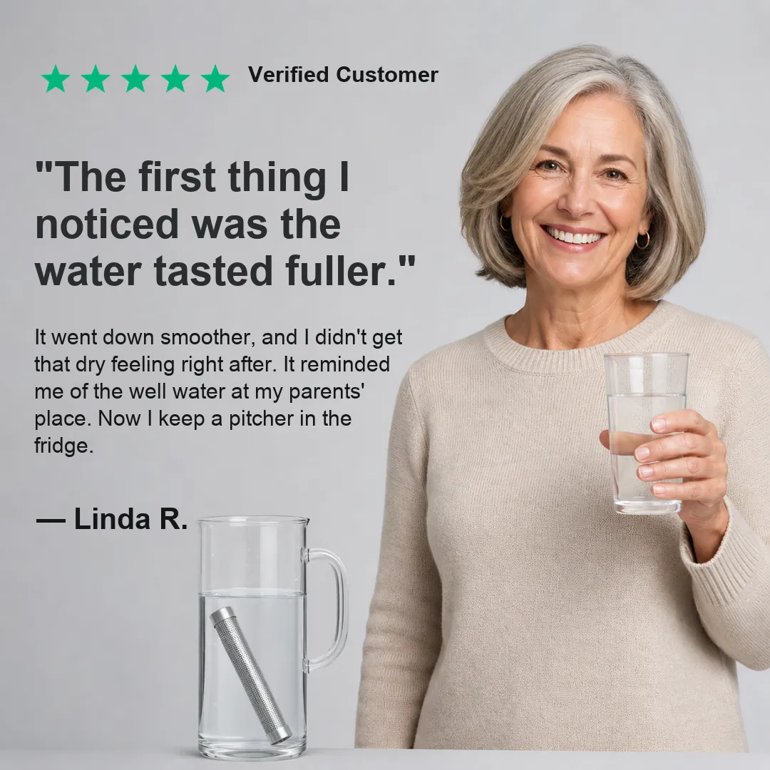 TrueWater customer with a glass of water, with testimonial quote