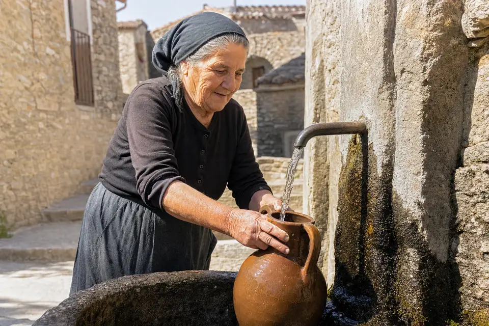 Village elder filling a jug at a mountain spring