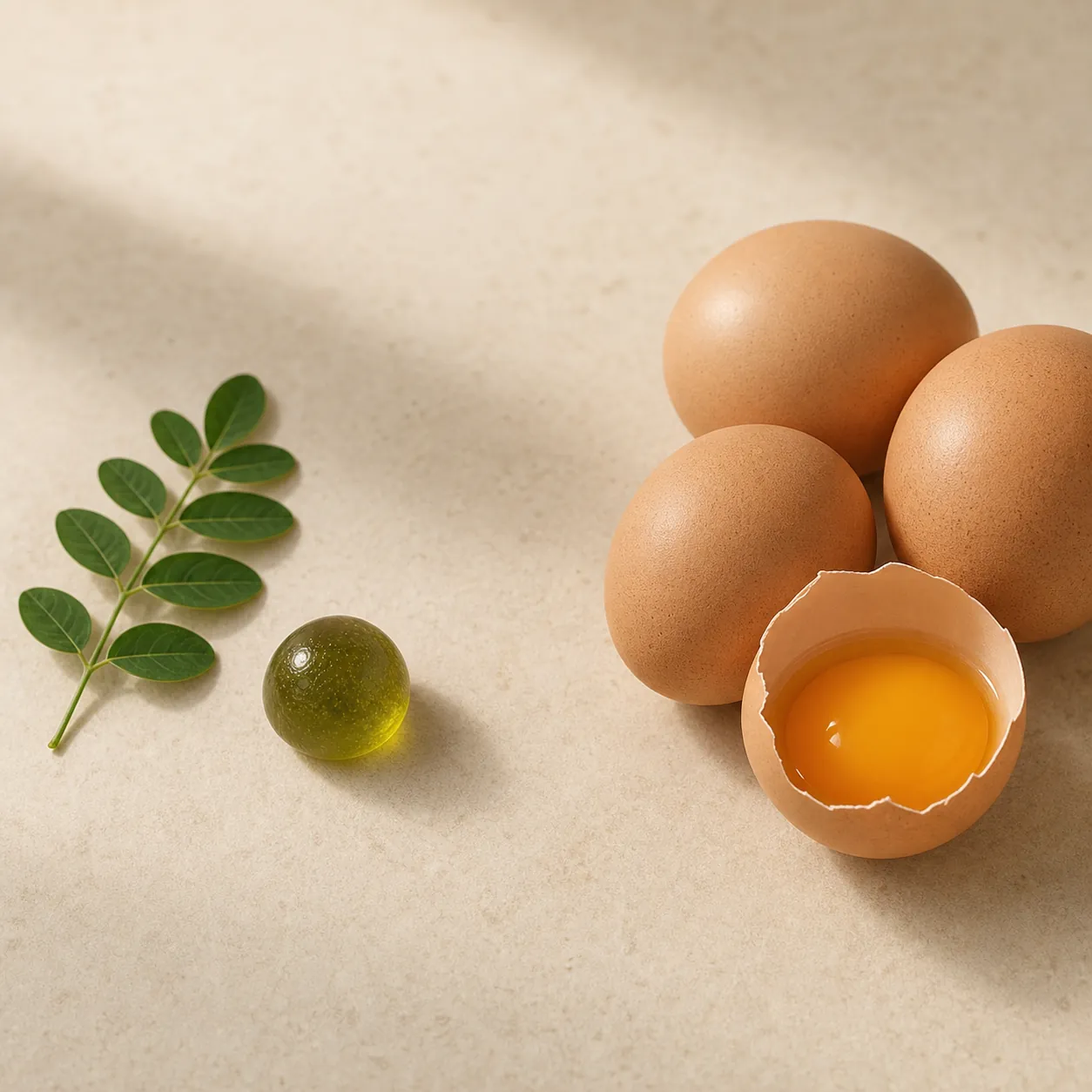 Fresh moringa leaf beside eggs