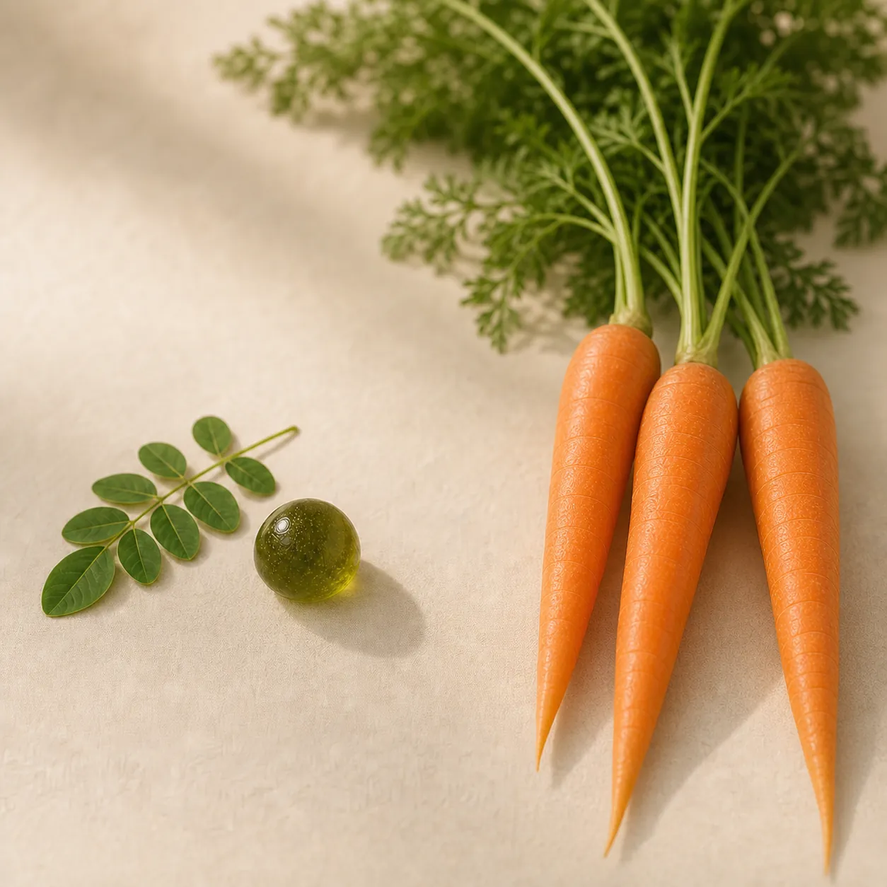 Fresh moringa leaf beside fresh carrots