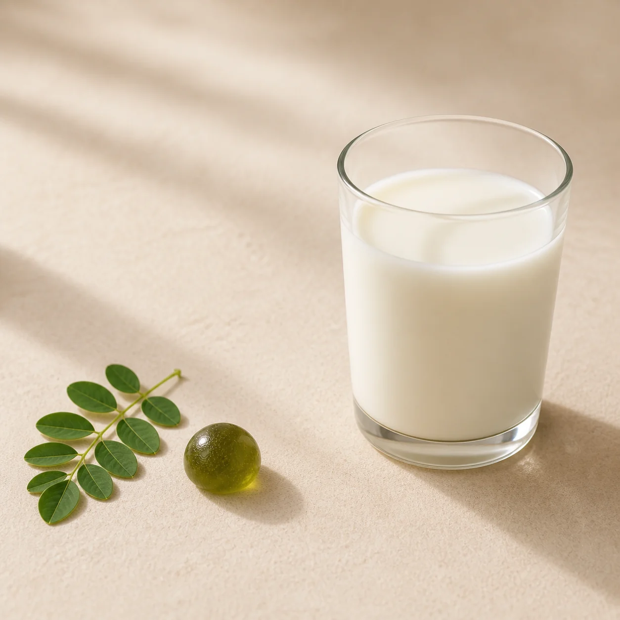 Fresh moringa leaf beside a glass of milk