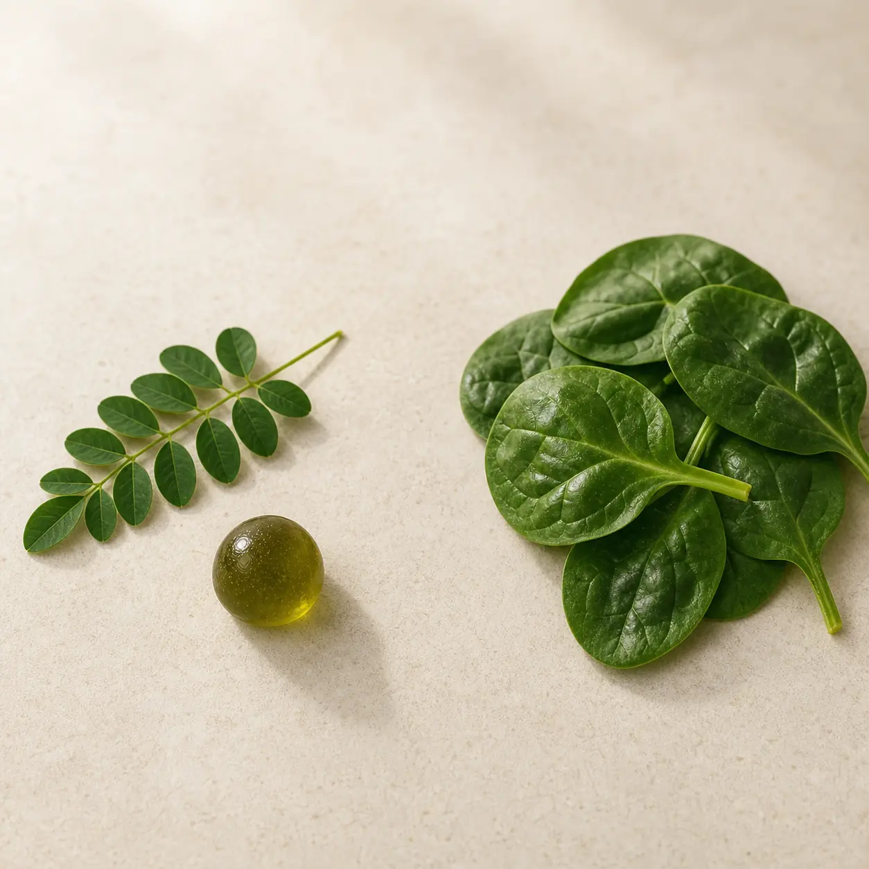 Fresh moringa leaf beside raw spinach