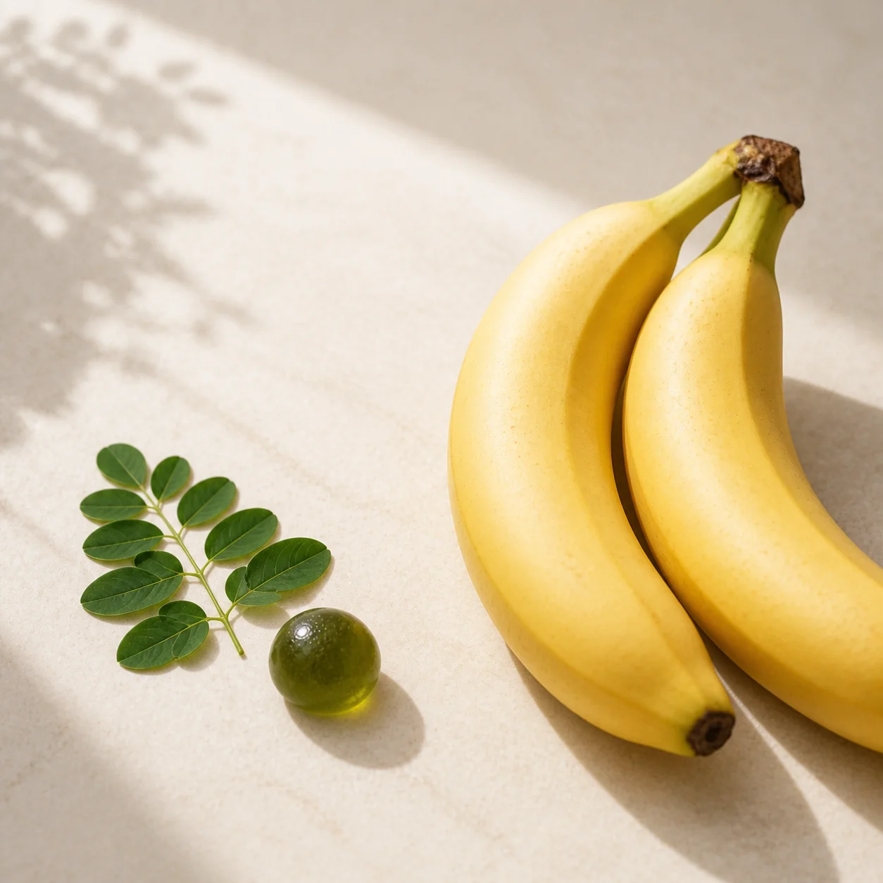Fresh moringa leaf beside bananas
