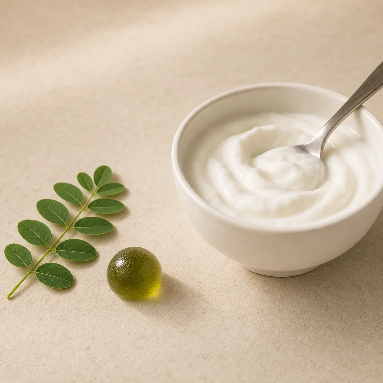 Fresh moringa leaf beside a bowl of plain yogurt