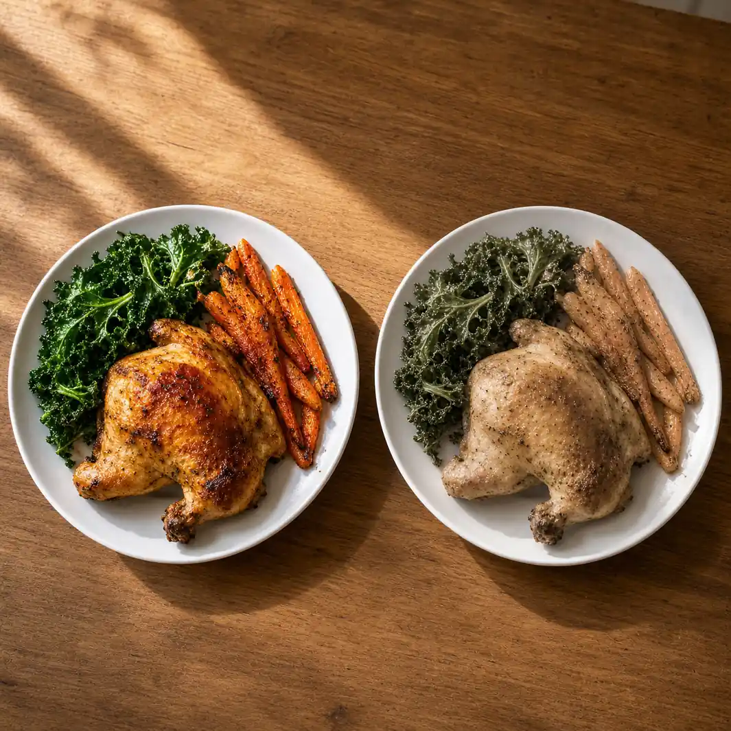 The same home dinner shown then and now: the same meal today carries fewer minerals than the same foods did fifty years ago